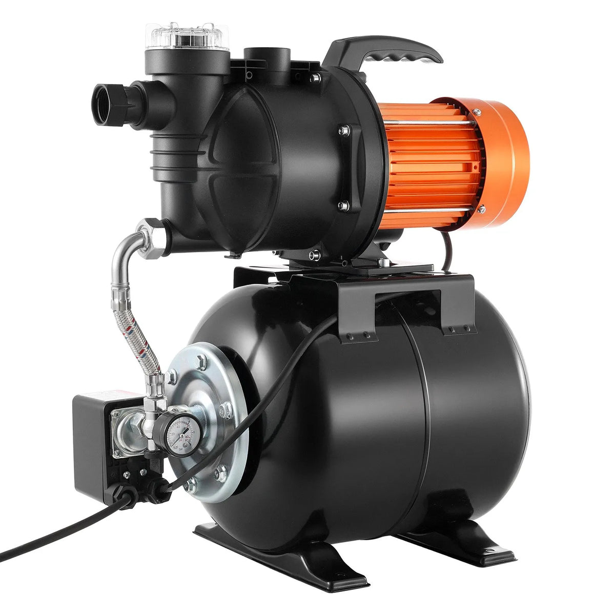 VEVOR virszemes ūdens sūknis ar spiedtvertni 1100 W, 5300 l/h, ar filtru un pretvārstu, 19 l tvertne, automātiska ūdens spiediena palielināšanas sistēma, spiediena slēdzis 1,4–2,8 bar, piemērots mājas, dārza un zāliena laistīšanai - ZEMLETES.LV