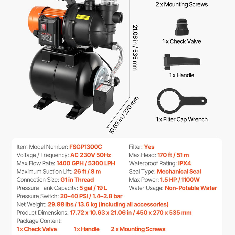 VEVOR virszemes ūdens sūknis ar spiedtvertni 1100 W, 5300 l/h, ar filtru un pretvārstu, 19 l tvertne, automātiska ūdens spiediena palielināšanas sistēma, spiediena slēdzis 1,4–2,8 bar, piemērots mājas, dārza un zāliena laistīšanai - ZEMLETES.LV