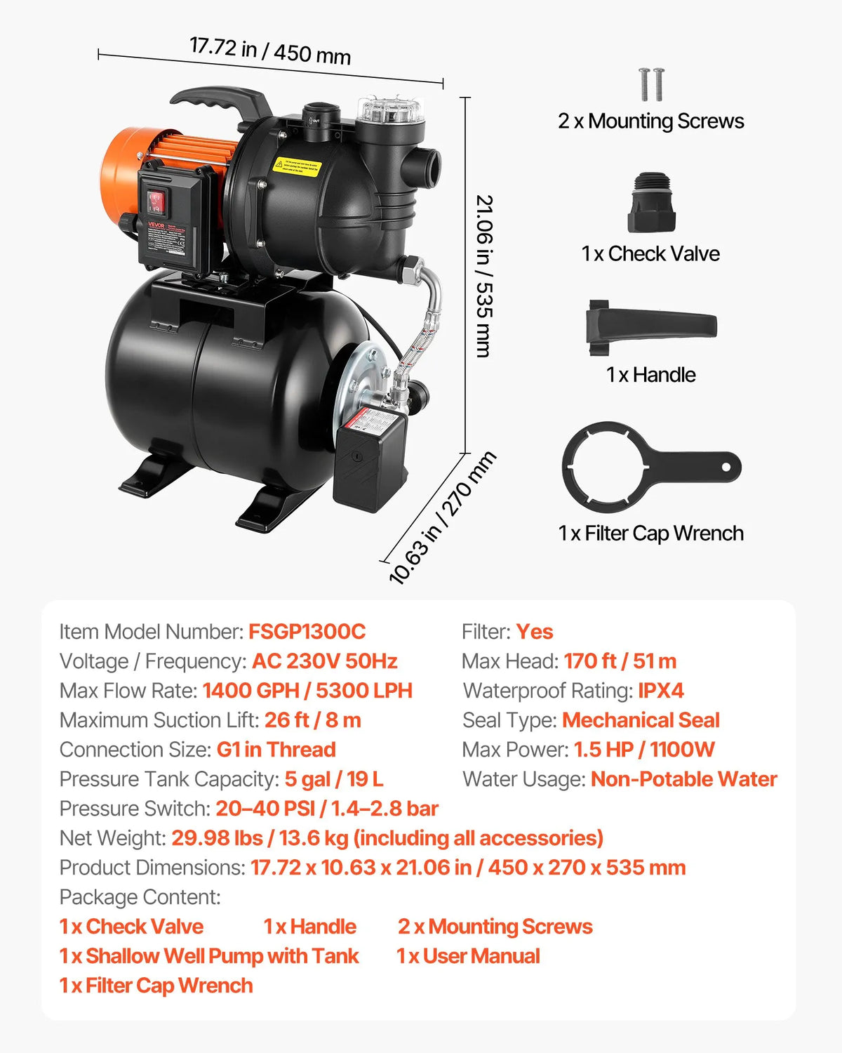 VEVOR virszemes ūdens sūknis ar spiedtvertni 1100 W, 5300 l/h, ar filtru un pretvārstu, 19 l tvertne, automātiska ūdens spiediena palielināšanas sistēma, spiediena slēdzis 1,4–2,8 bar, piemērots mājas, dārza un zāliena laistīšanai - ZEMLETES.LV