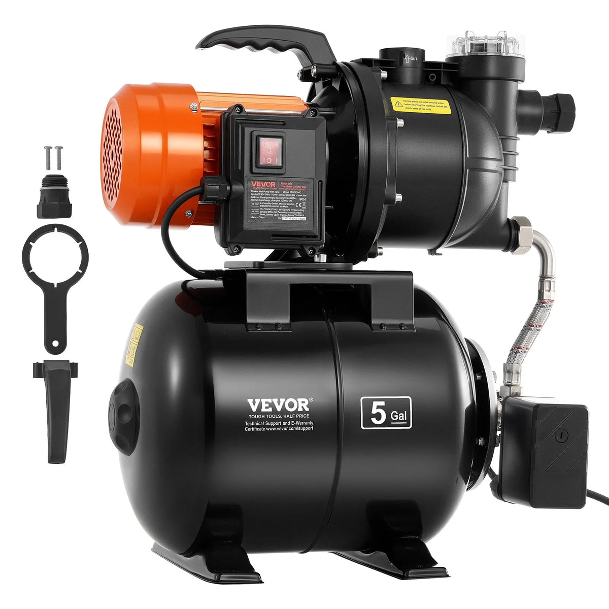 VEVOR virszemes ūdens sūknis ar spiedtvertni 1100 W, 5300 l/h, ar filtru un pretvārstu, 19 l tvertne, automātiska ūdens spiediena palielināšanas sistēma, spiediena slēdzis 1,4–2,8 bar, piemērots mājas, dārza un zāliena laistīšanai - ZEMLETES.LV