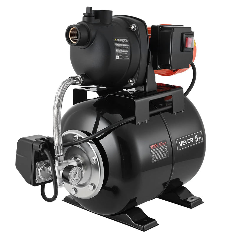 VEVOR seklā akas strūklas sūknis ar spiedtvertni 1,1 ZS, 230 V, 5000 l/h, 19 l tvertne, automātiska ūdens padeves sistēma ar spiediena slēdzi 1,4–2,8 bar, paredzēts mājai, dārzam un zālienam - ZEMLETES.LV