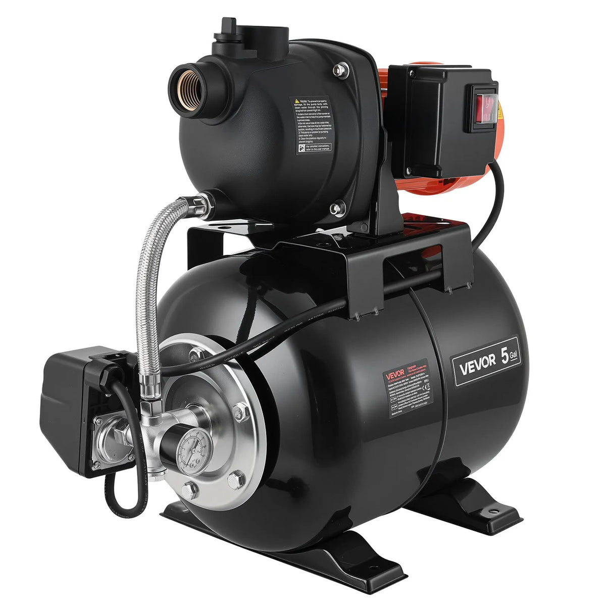 VEVOR seklā akas strūklas sūknis ar spiedtvertni 1,1 ZS, 230 V, 5000 l/h, 19 l tvertne, automātiska ūdens padeves sistēma ar spiediena slēdzi 1,4–2,8 bar, paredzēts mājai, dārzam un zālienam - ZEMLETES.LV