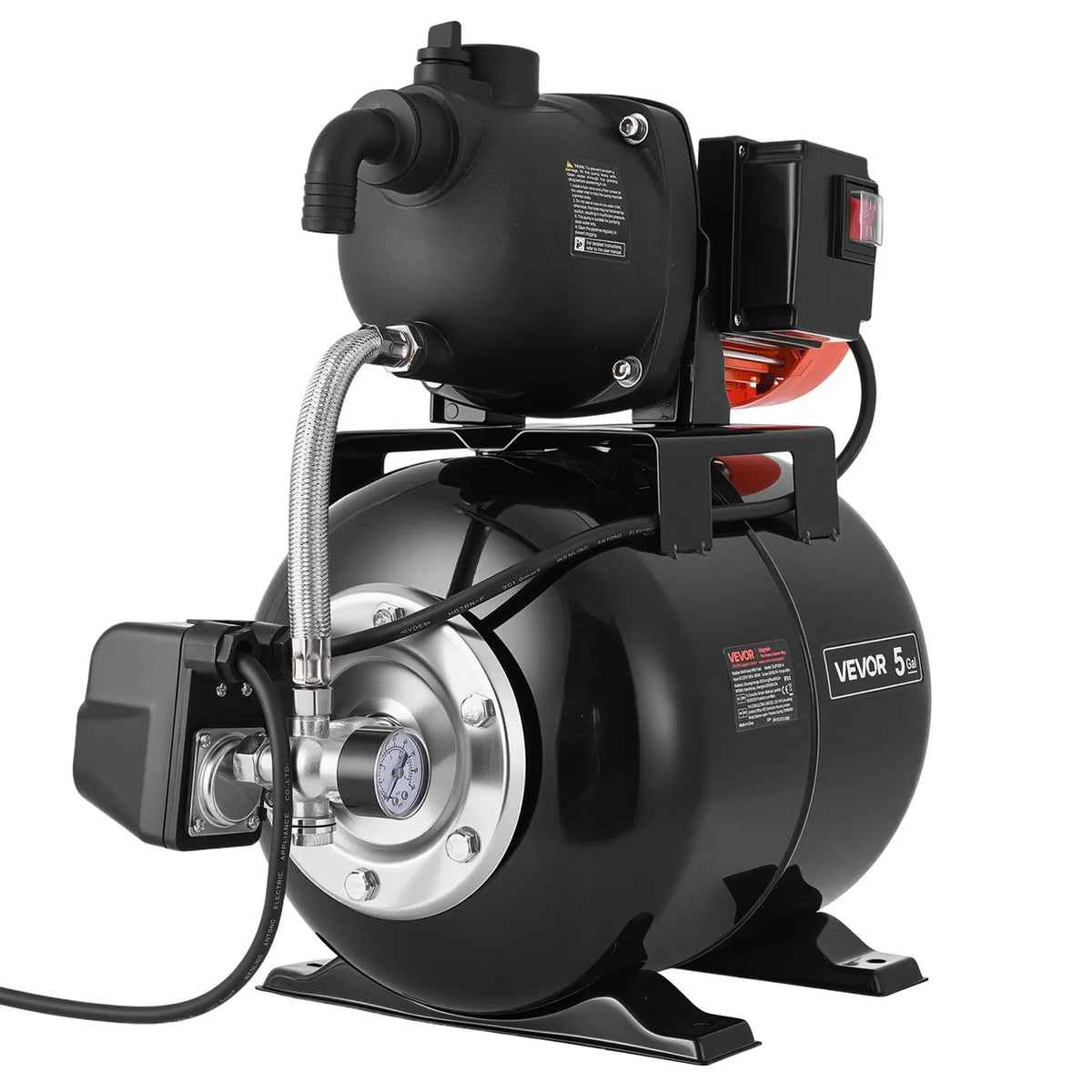 VEVOR seklā akas strūklas sūknis ar spiedtvertni 1,1 ZS, 230 V, 5000 l/h, 19 l tvertne, automātiska ūdens padeves sistēma ar spiediena slēdzi 1,4–2,8 bar, paredzēts mājai, dārzam un zālienam - ZEMLETES.LV