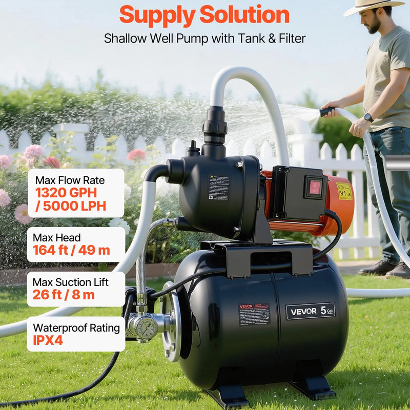 VEVOR seklā akas strūklas sūknis ar spiedtvertni 1,1 ZS, 230 V, 5000 l/h, 19 l tvertne, automātiska ūdens padeves sistēma ar spiediena slēdzi 1,4–2,8 bar, paredzēts mājai, dārzam un zālienam - ZEMLETES.LV