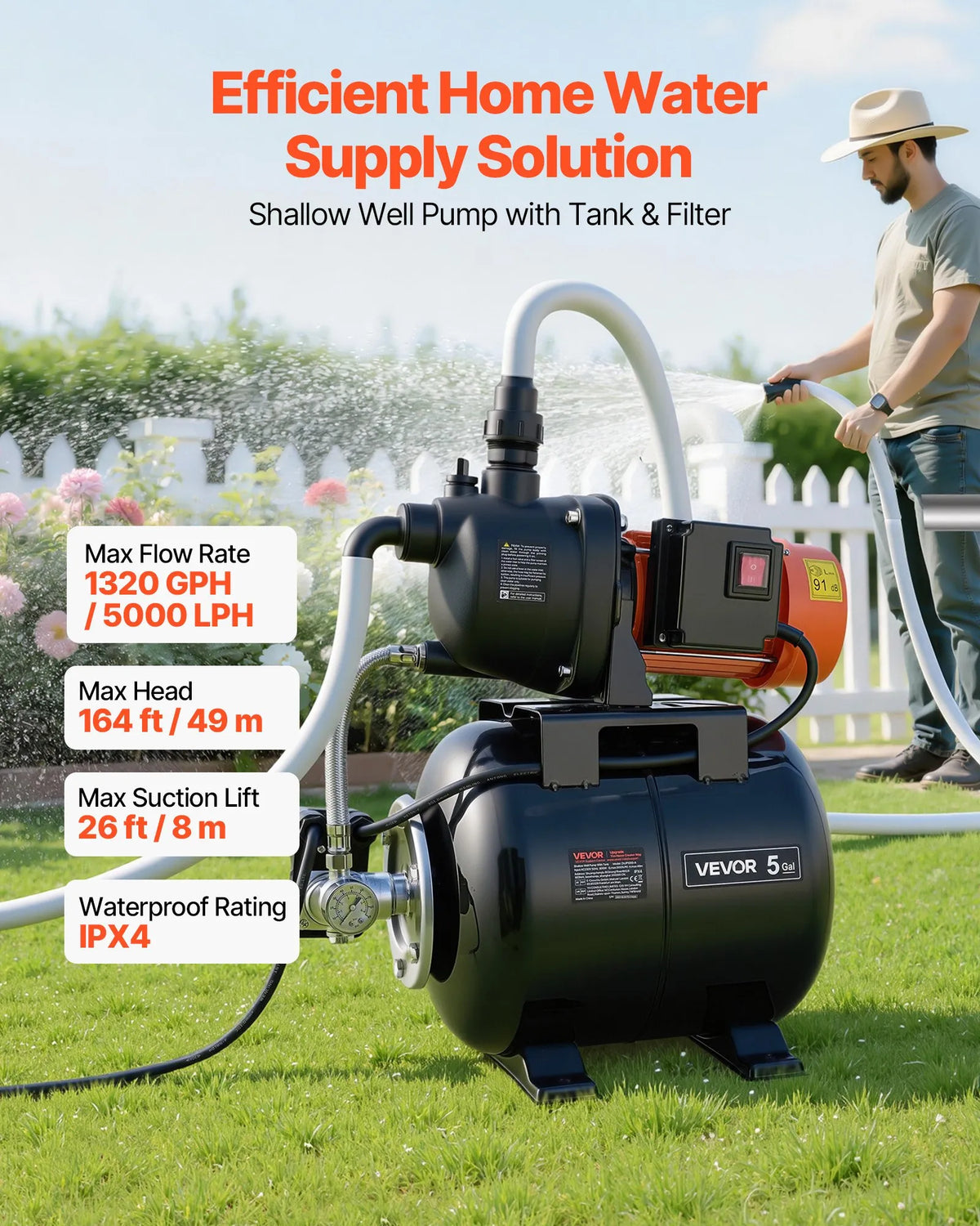 VEVOR seklā akas strūklas sūknis ar spiedtvertni 1,1 ZS, 230 V, 5000 l/h, 19 l tvertne, automātiska ūdens padeves sistēma ar spiediena slēdzi 1,4–2,8 bar, paredzēts mājai, dārzam un zālienam - ZEMLETES.LV