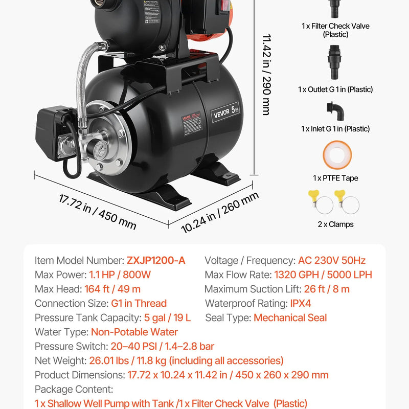 VEVOR seklā akas strūklas sūknis ar spiedtvertni 1,1 ZS, 230 V, 5000 l/h, 19 l tvertne, automātiska ūdens padeves sistēma ar spiediena slēdzi 1,4–2,8 bar, paredzēts mājai, dārzam un zālienam - ZEMLETES.LV