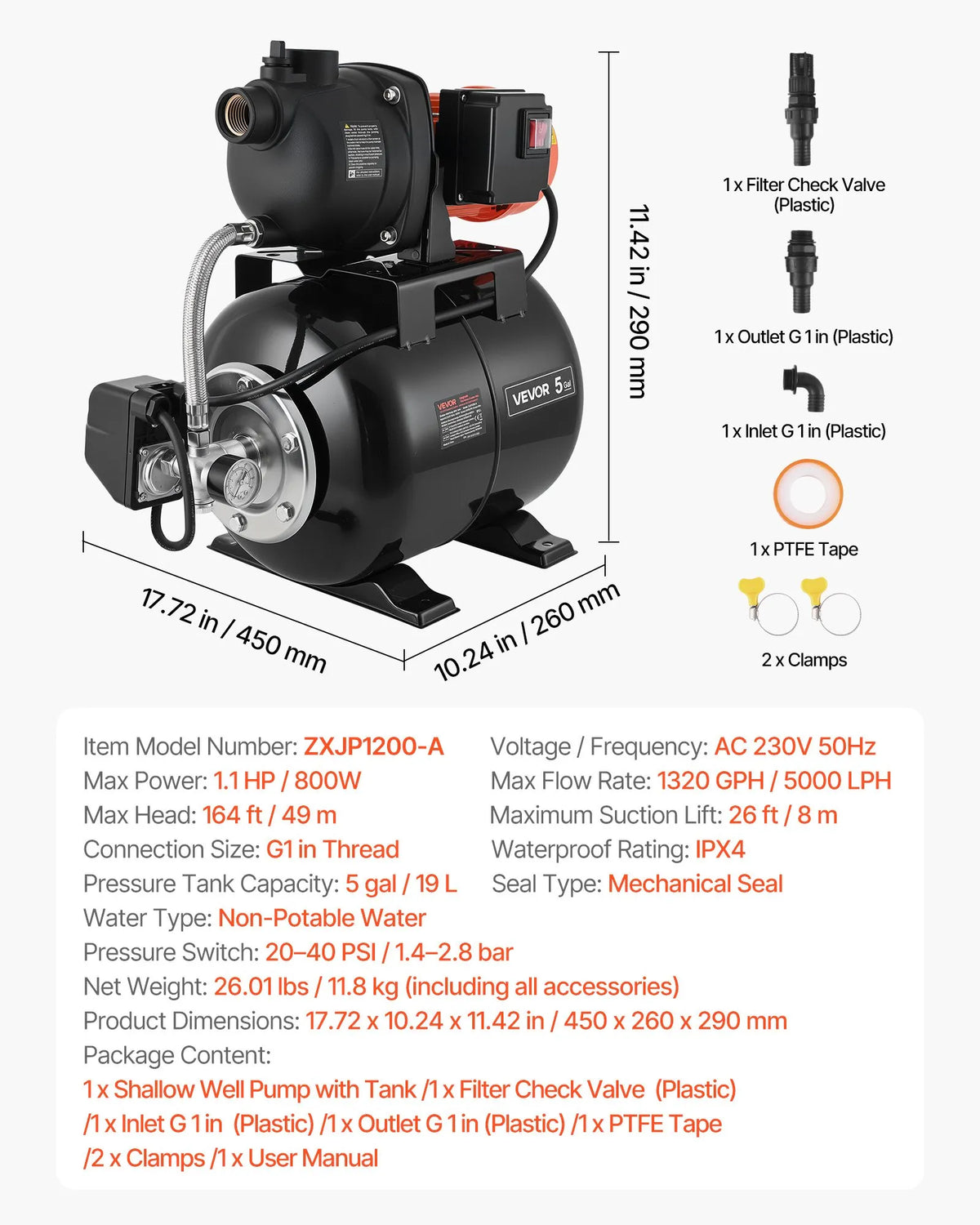VEVOR seklā akas strūklas sūknis ar spiedtvertni 1,1 ZS, 230 V, 5000 l/h, 19 l tvertne, automātiska ūdens padeves sistēma ar spiediena slēdzi 1,4–2,8 bar, paredzēts mājai, dārzam un zālienam - ZEMLETES.LV