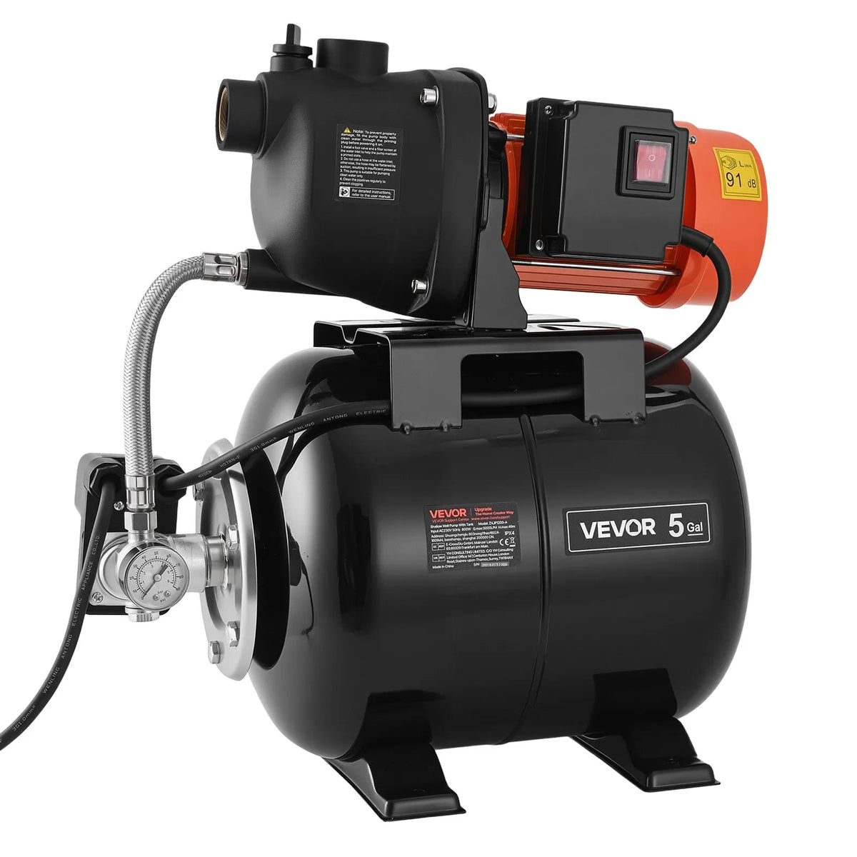 VEVOR seklā akas strūklas sūknis ar spiedtvertni 1,1 ZS, 230 V, 5000 l/h, 19 l tvertne, automātiska ūdens padeves sistēma ar spiediena slēdzi 1,4–2,8 bar, paredzēts mājai, dārzam un zālienam - ZEMLETES.LV