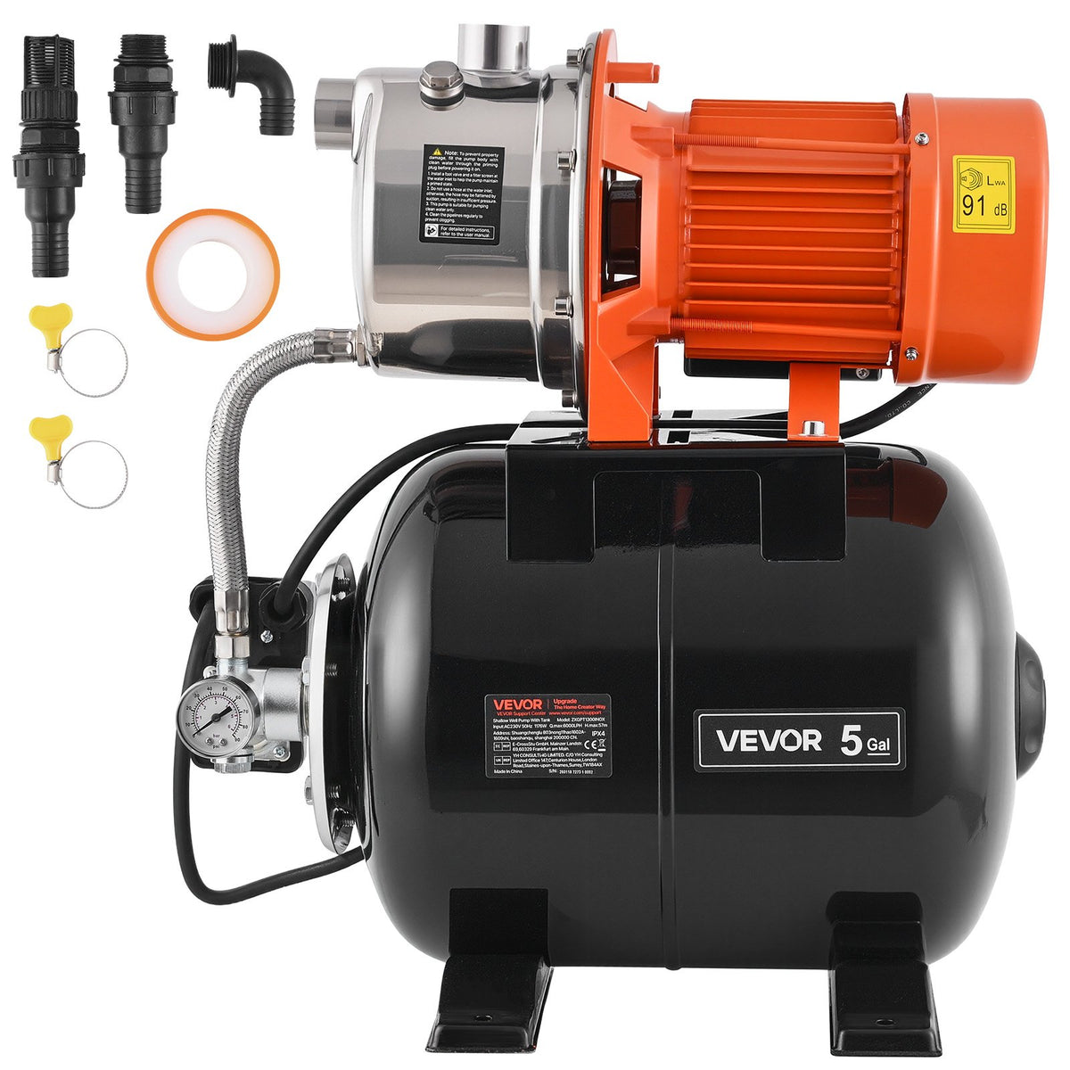 VEVOR virszemes sūknis ar spiedtvertni 1,6 ZS, 6000 l/h, 230 V, nerūsējošā tērauda strūklas sūknis ar 19 l tvertni, automātiska ūdens spiediena paaugstināšanas sistēma 1,4–2,8 bar, mājai, dārzam un zālienam - ZEMLETES.LV