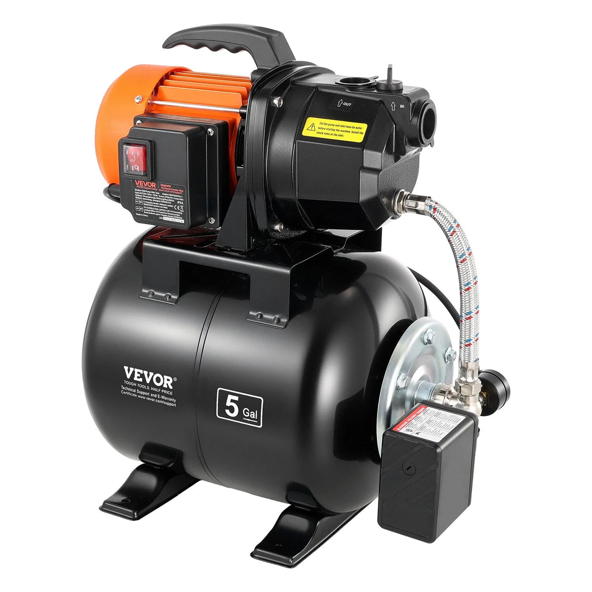 VEVOR virszemes ūdens sūknis ar spiedtvertni 1 ZS, 230 V, 3750 l/h, čuguna sūkņa korpuss, 19 l tvertne, spiediena slēdzis 1,4–2,8 bar, piemērots mājas, dārza un zāliena laistīšanai - ZEMLETES.LV