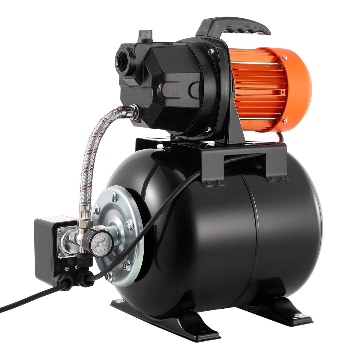 VEVOR virszemes ūdens sūknis ar spiedtvertni 1 ZS, 230 V, 3750 l/h, čuguna sūkņa korpuss, 19 l tvertne, spiediena slēdzis 1,4–2,8 bar, piemērots mājas, dārza un zāliena laistīšanai - ZEMLETES.LV