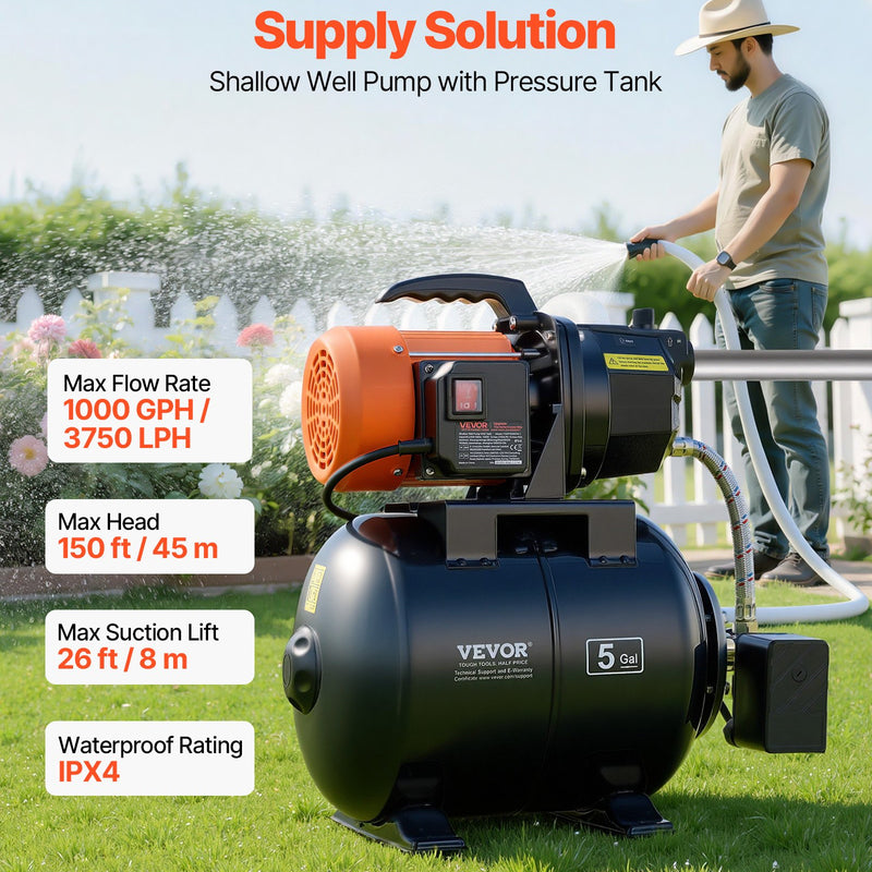VEVOR virszemes ūdens sūknis ar spiedtvertni 1 ZS, 230 V, 3750 l/h, čuguna sūkņa korpuss, 19 l tvertne, spiediena slēdzis 1,4–2,8 bar, piemērots mājas, dārza un zāliena laistīšanai - ZEMLETES.LV