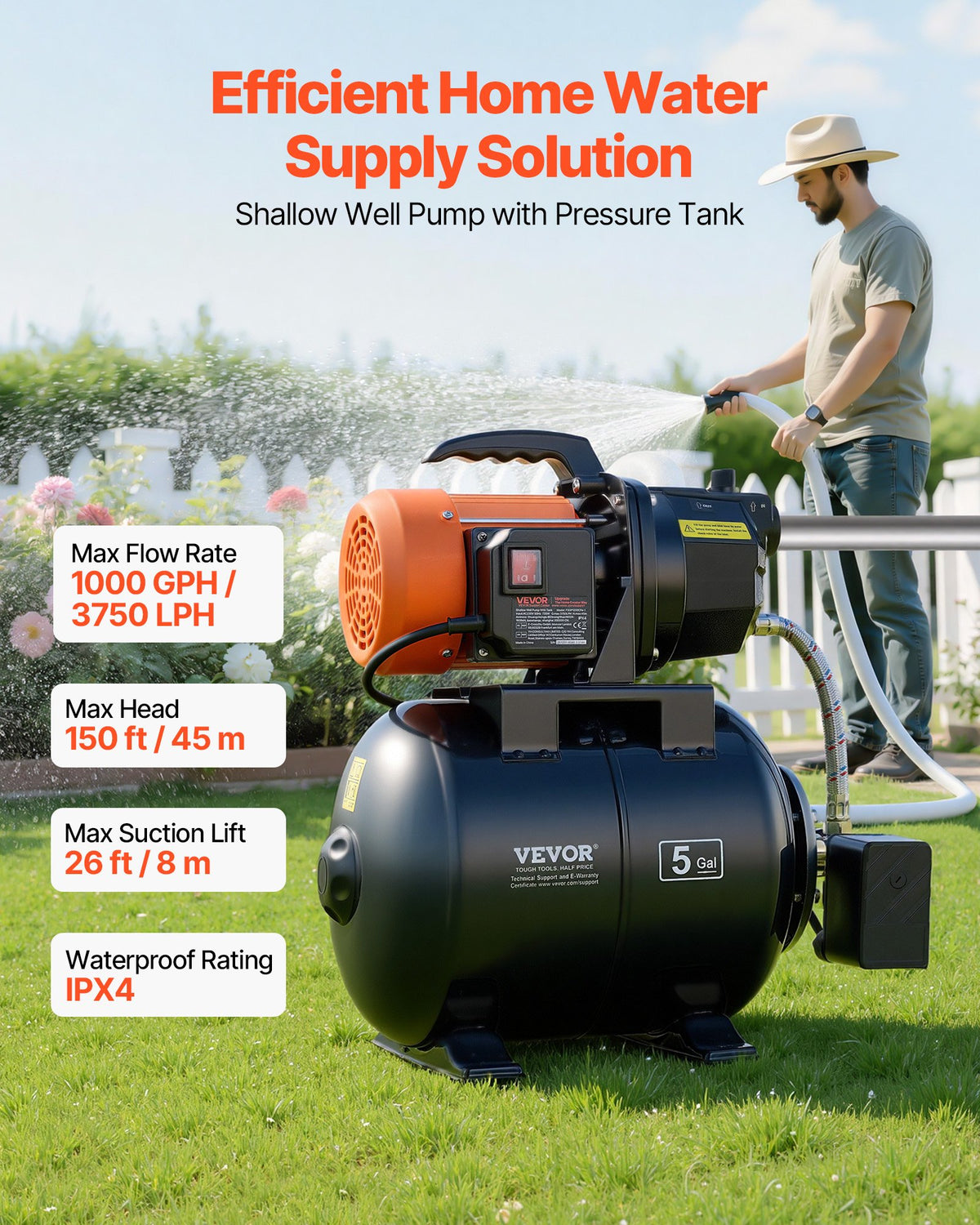 VEVOR virszemes ūdens sūknis ar spiedtvertni 1 ZS, 230 V, 3750 l/h, čuguna sūkņa korpuss, 19 l tvertne, spiediena slēdzis 1,4–2,8 bar, piemērots mājas, dārza un zāliena laistīšanai - ZEMLETES.LV