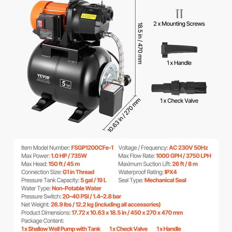 VEVOR virszemes ūdens sūknis ar spiedtvertni 1 ZS, 230 V, 3750 l/h, čuguna sūkņa korpuss, 19 l tvertne, spiediena slēdzis 1,4–2,8 bar, piemērots mājas, dārza un zāliena laistīšanai - ZEMLETES.LV
