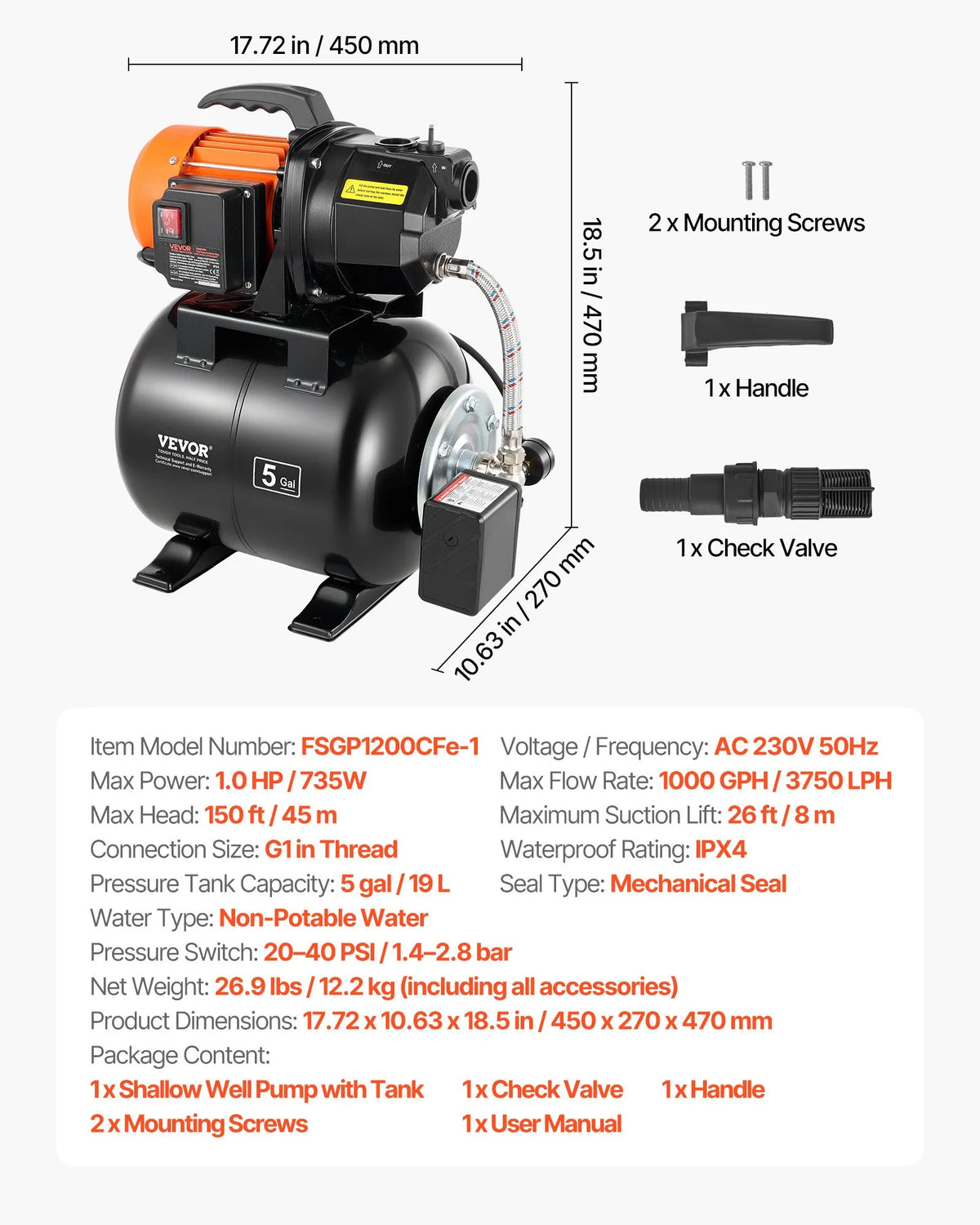 VEVOR virszemes ūdens sūknis ar spiedtvertni 1 ZS, 230 V, 3750 l/h, čuguna sūkņa korpuss, 19 l tvertne, spiediena slēdzis 1,4–2,8 bar, piemērots mājas, dārza un zāliena laistīšanai - ZEMLETES.LV