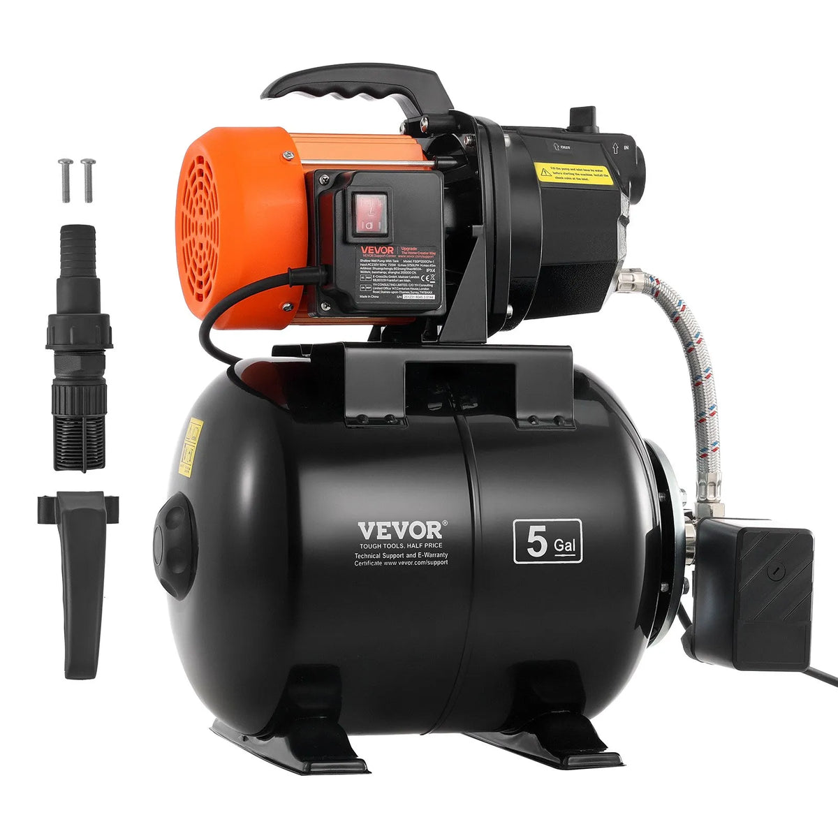 VEVOR virszemes ūdens sūknis ar spiedtvertni 1 ZS, 230 V, 3750 l/h, čuguna sūkņa korpuss, 19 l tvertne, spiediena slēdzis 1,4–2,8 bar, piemērots mājas, dārza un zāliena laistīšanai - ZEMLETES.LV
