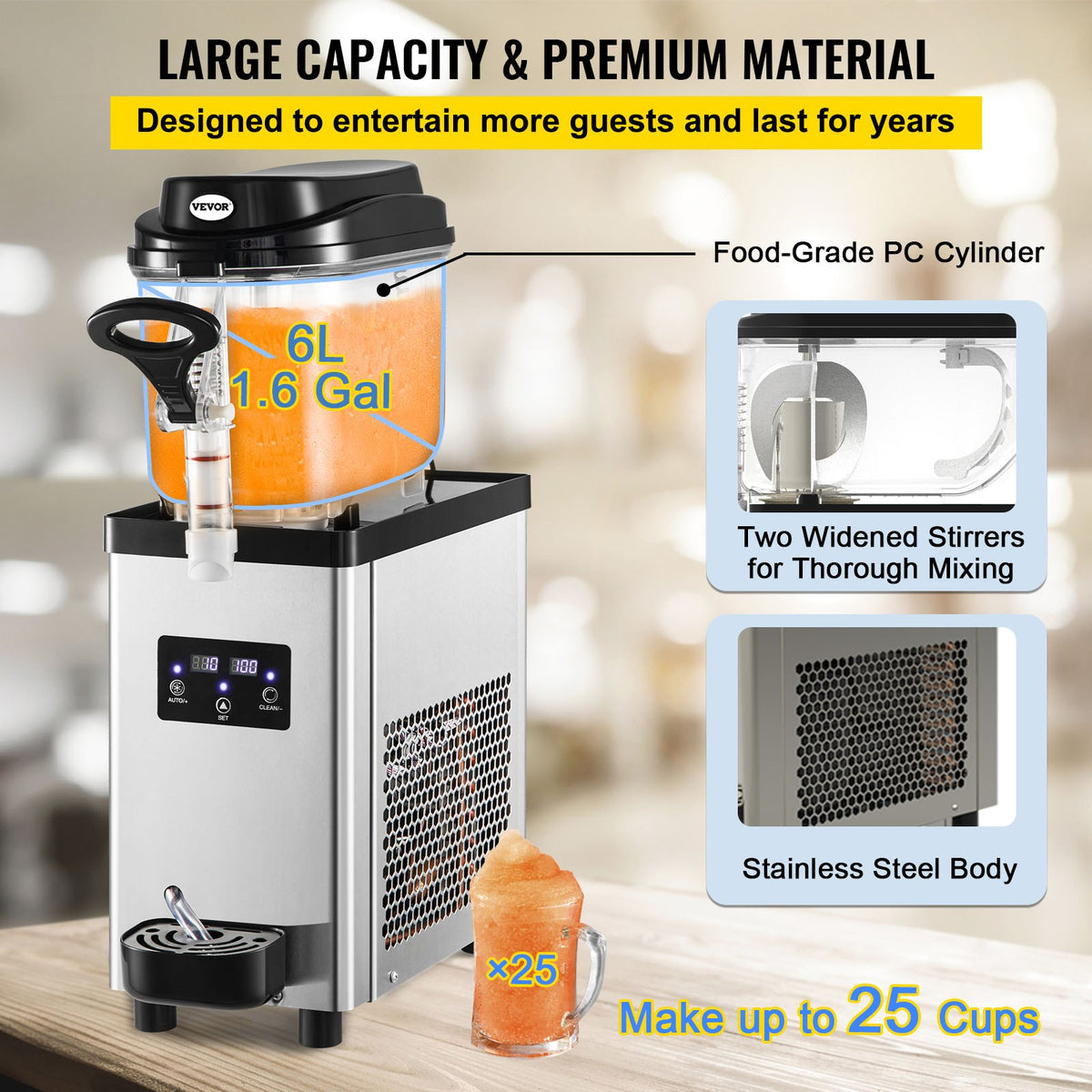 VEVOR Commercial Slush Machine 6 L, 25 Cups, 705 W, Stainless Steel