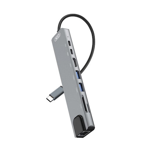 A multifunctional USB-C adapter, connects the source device equipped with a USB-C interface compatible with other devices equipped with HDMI, RJ45, USB 3.0-A, SD / TF card reader and power supply from USB-C port.