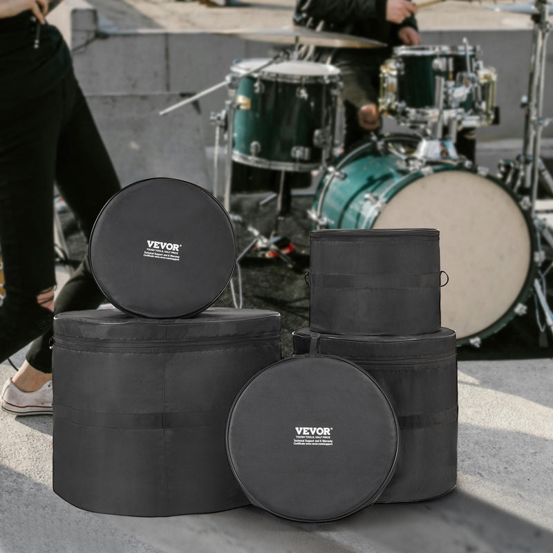 VEVOR 5-daļīgs bungasomu komplekts, 1680D Oxford audums, salokāms ar plecu siksnu, piemērots 56 cm lielajai bungai, 30 cm, 33 cm un 41 cm tomiem, 35 cm virsdungai