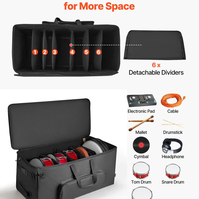 VEVOR elektronisko bungu soma ar riteņiem, 600D, polsterēta bungu soma ar 920 × 420 × 410 mm iekšējiem izmēriem, viegla transportēšanas soma ar noņemamiem nodalījumiem un vairākām kabatām, elektriskajām bungām, melna