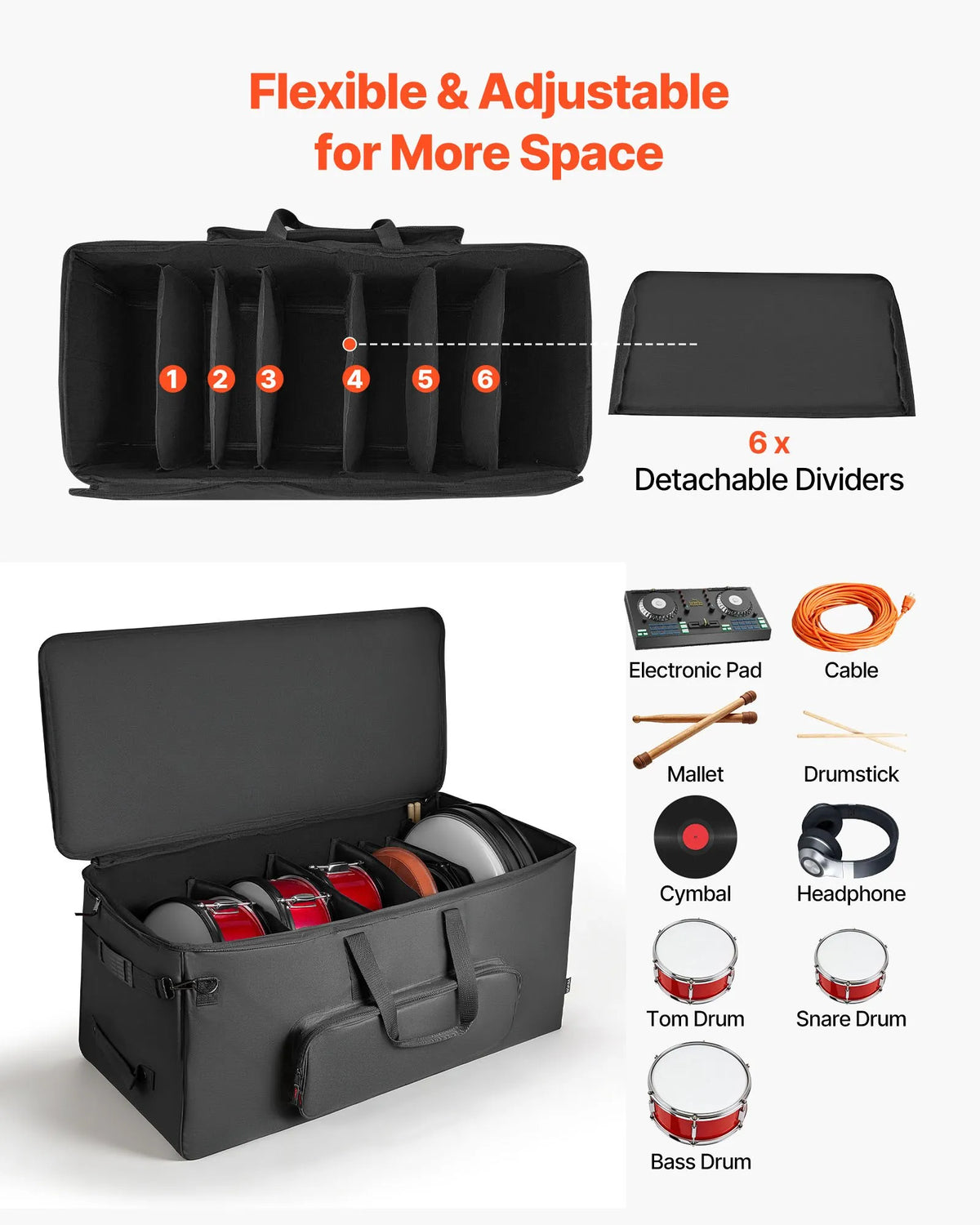 VEVOR Electronic Drum Bag with Wheels 92 × 42 × 41 cm, 600D, Padded, Removable Compartments
