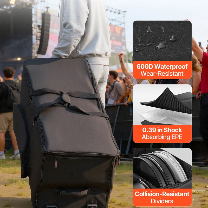 VEVOR elektronisko bungu soma ar riteņiem, 600D, polsterēta bungu soma ar 920 × 420 × 410 mm iekšējiem izmēriem, viegla transportēšanas soma ar noņemamiem nodalījumiem un vairākām kabatām, elektriskajām bungām, melna