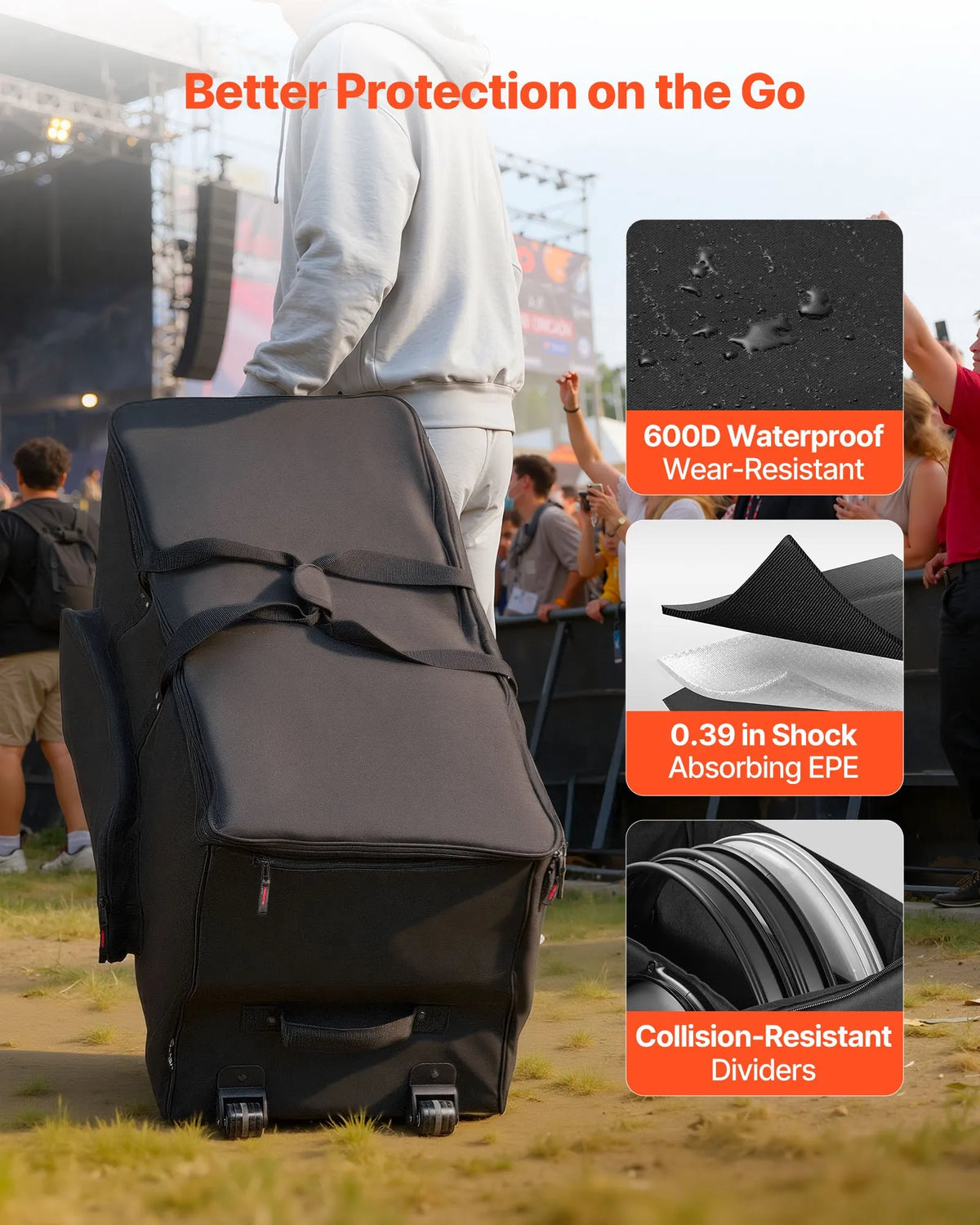VEVOR Electronic Drum Bag with Wheels 92 × 42 × 41 cm, 600D, Padded, Removable Compartments