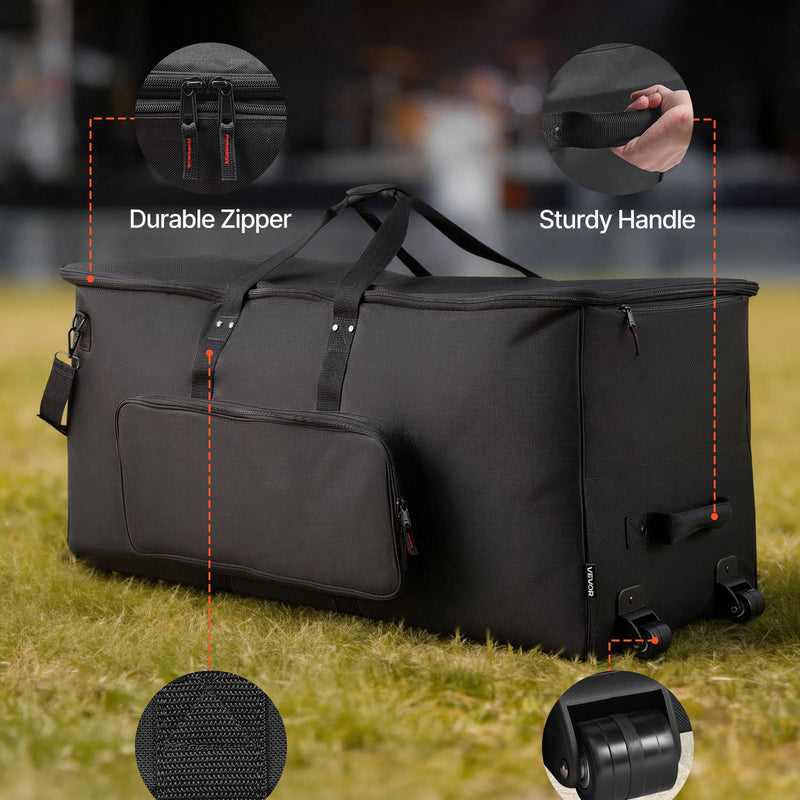 VEVOR elektronisko bungu soma ar riteņiem, 600D, polsterēta bungu soma ar 920 × 420 × 410 mm iekšējiem izmēriem, viegla transportēšanas soma ar noņemamiem nodalījumiem un vairākām kabatām, elektriskajām bungām, melna