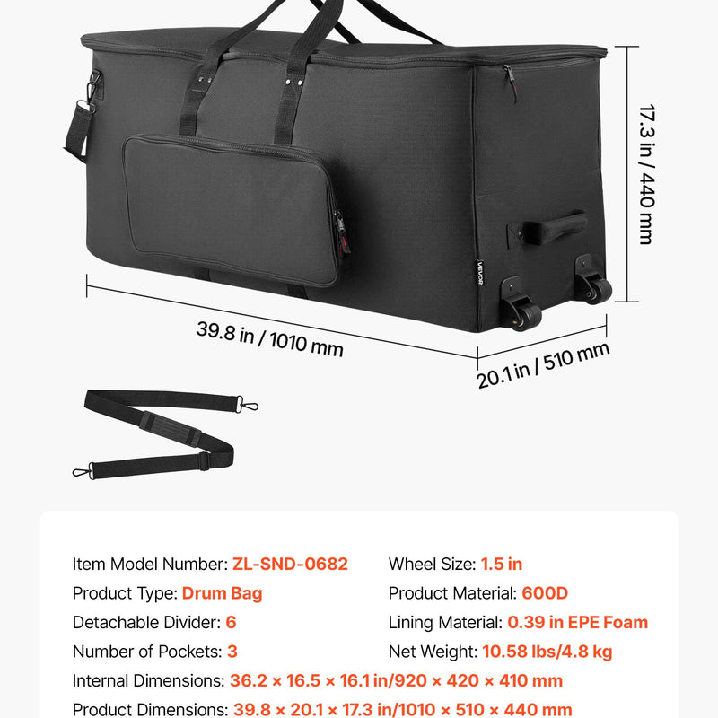 VEVOR elektronisko bungu soma ar riteņiem, 600D, polsterēta bungu soma ar 920 × 420 × 410 mm iekšējiem izmēriem, viegla transportēšanas soma ar noņemamiem nodalījumiem un vairākām kabatām, elektriskajām bungām, melna