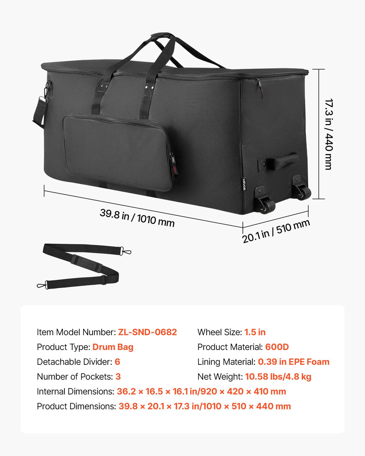 VEVOR Electronic Drum Bag with Wheels 92 × 42 × 41 cm, 600D, Padded, Removable Compartments