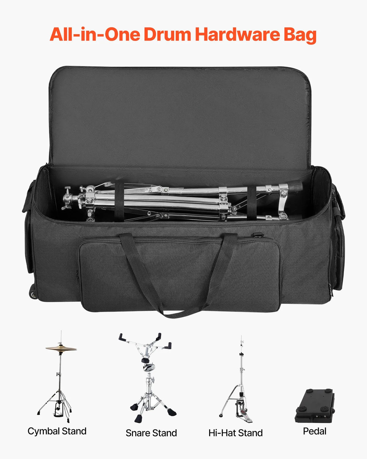 VEVOR Drum Hardware Bag with Wheels, 1680D, Multiple Pockets, Black