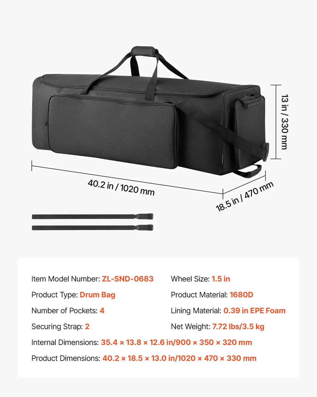 VEVOR Drum Hardware Bag with Wheels, 1680D, Multiple Pockets, Black