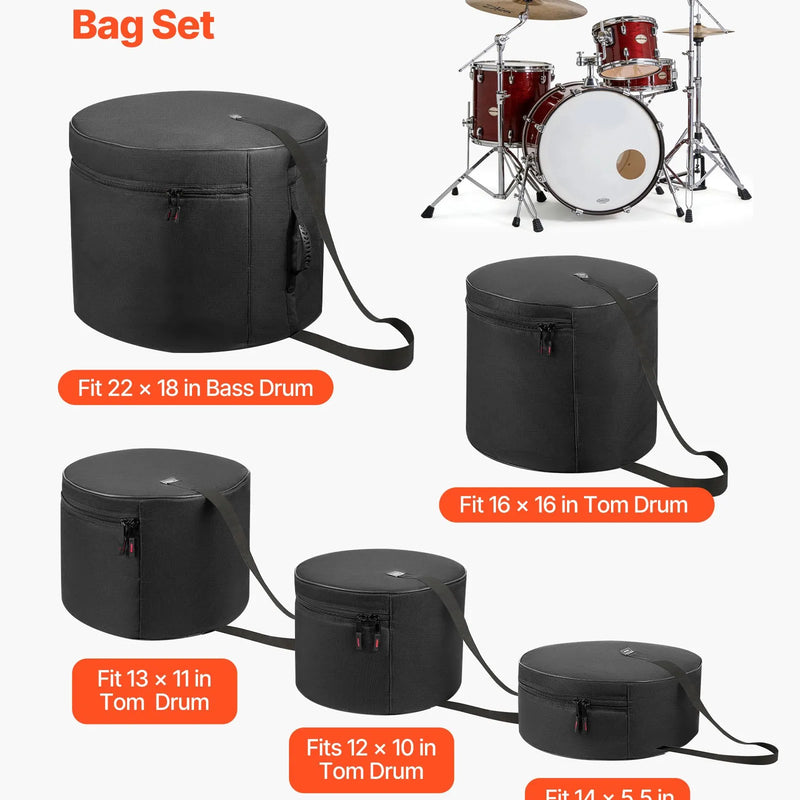 VEVOR 5 daļu bungu somu komplekts, 600D, polsterētas bungu somas basbungu, tomiem un mazajai bungai, biezs polsterējums, viegli aizsargpārvalki, transportēšanas un uzglabāšanas somas ar pārnēsāšanas rokturi, bungu un piederumu aizsardzībai