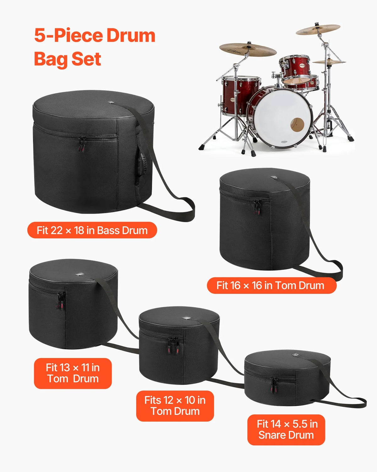 VEVOR Drum Bag Set 5 Pieces, 600D, Padded Bags for Bass Drum, Toms and Snare