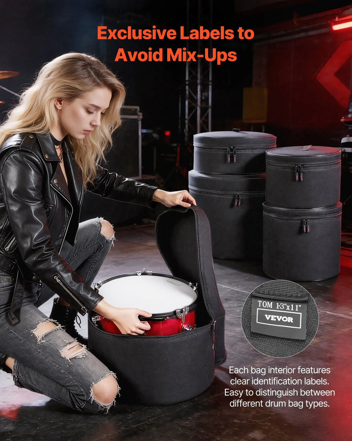 VEVOR Drum Bag Set 5 Pieces, 600D, Padded Bags for Bass Drum, Toms and Snare