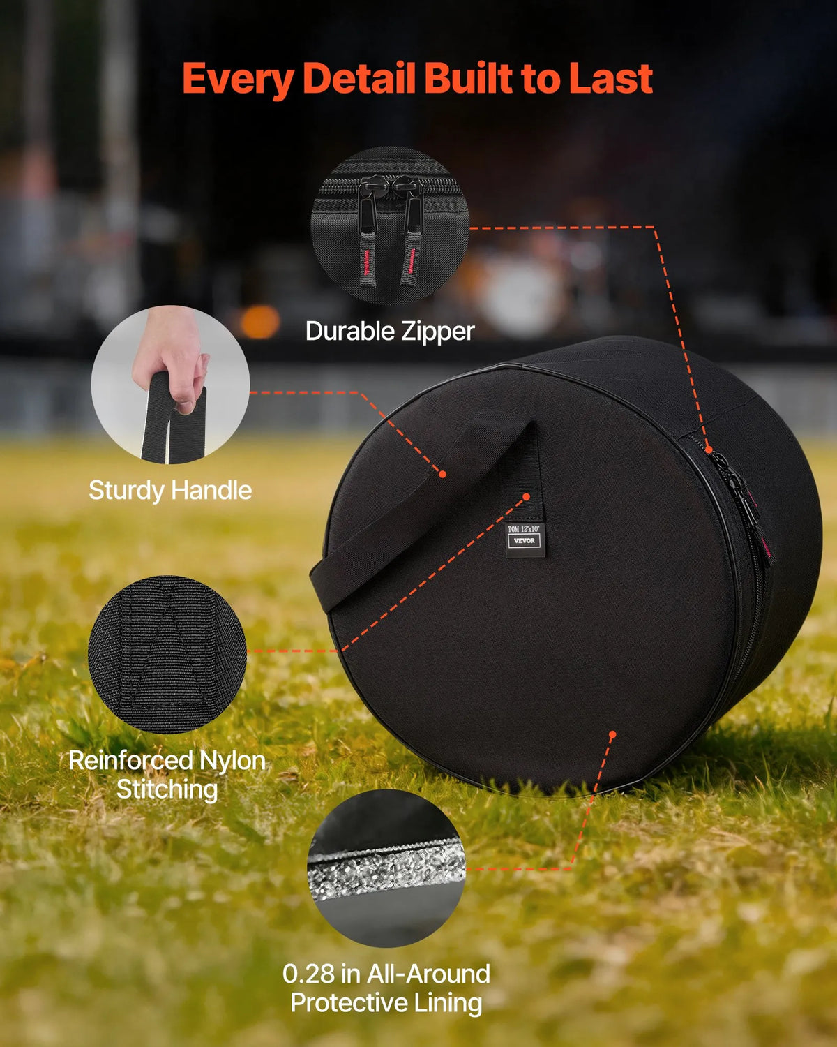 VEVOR Drum Bag Set 5 Pieces, 600D, Padded Bags for Bass Drum, Toms and Snare