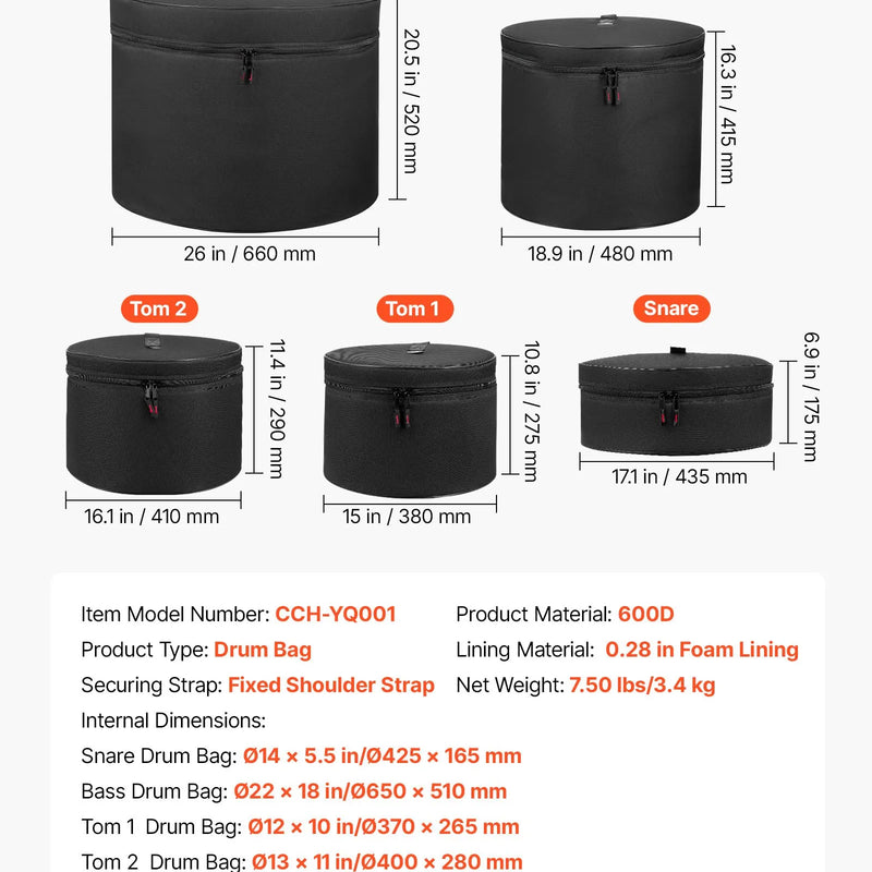 VEVOR 5 daļu bungu somu komplekts, 600D, polsterētas bungu somas basbungu, tomiem un mazajai bungai, biezs polsterējums, viegli aizsargpārvalki, transportēšanas un uzglabāšanas somas ar pārnēsāšanas rokturi, bungu un piederumu aizsardzībai