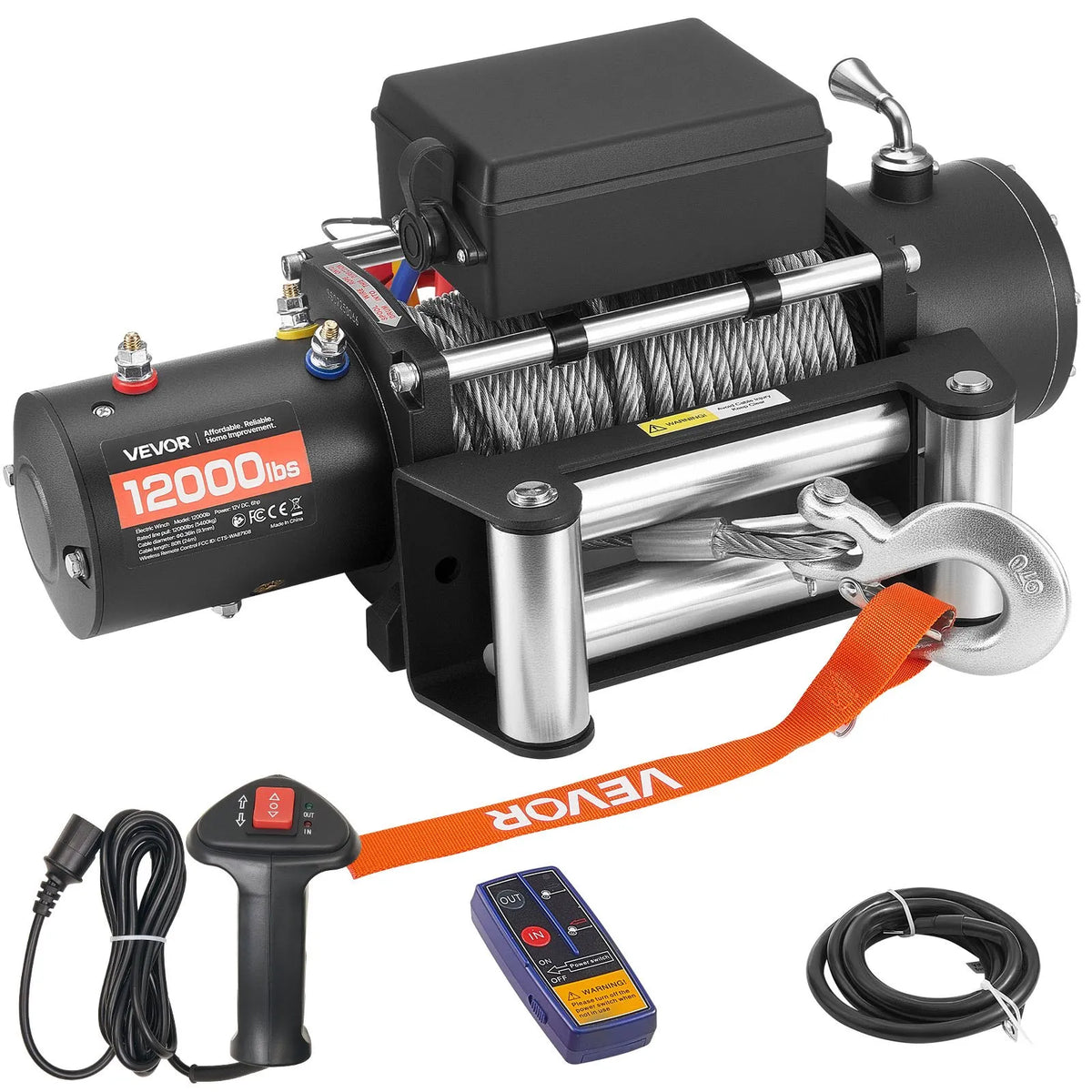 VEVOR Electric Winch, 5,400 kg Pulling Capacity, 12 V DC Truck Winch with Φ9.1 mm × 24 m Steel Rope, Wireless and Wired Remote Control, IP55 Waterproof for SUV, Jeep, Trailers, Boats and Off-Road Vehicles