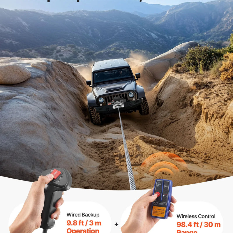 VEVOR elektriskā vinča, 5 400 kg vilkšanas jauda, 12 V līdzstrāvas kravas auto vinča ar Φ9,1 mm × 24 m tērauda trosi, bezvadu un vadu tālvadība, IP55 ūdensizturība SUV, Jeep, piekabju, laivu un bezceļu transportlīdzekļu vilkšanai