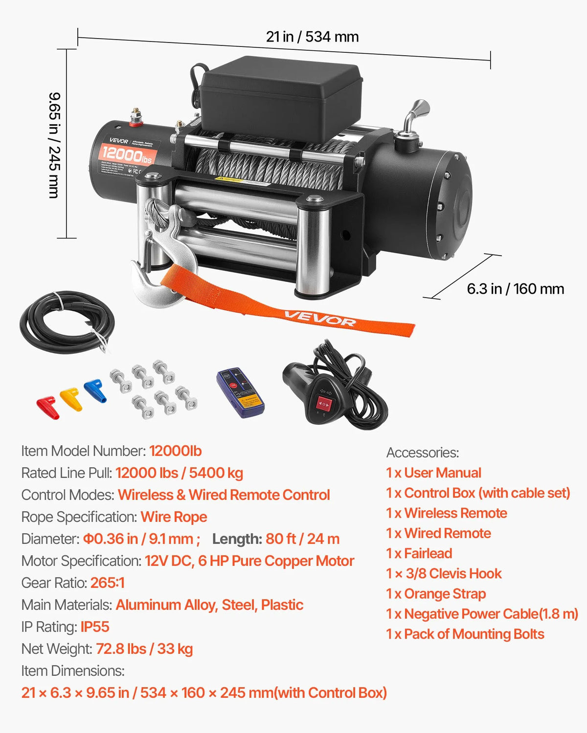 VEVOR Electric Winch, 5,400 kg Pulling Capacity, 12 V DC Truck Winch with Φ9.1 mm × 24 m Steel Rope, Wireless and Wired Remote Control, IP55 Waterproof for SUV, Jeep, Trailers, Boats and Off-Road Vehicles