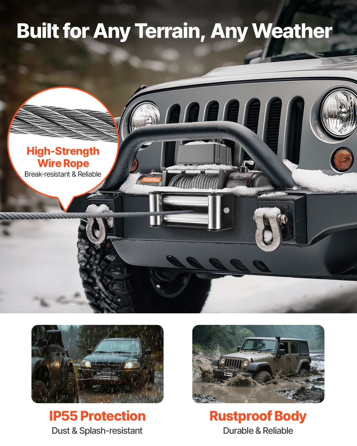 VEVOR elektriskā vinča, 12 V, vilkšanas jauda 5400 kg, tērauda trose Ø9,1 mm × 26 m, bezvadu un vadu tālvadība, piemērota SUV, Jeep, piekabēm, laivām un bezceļu transportlīdzekļiem