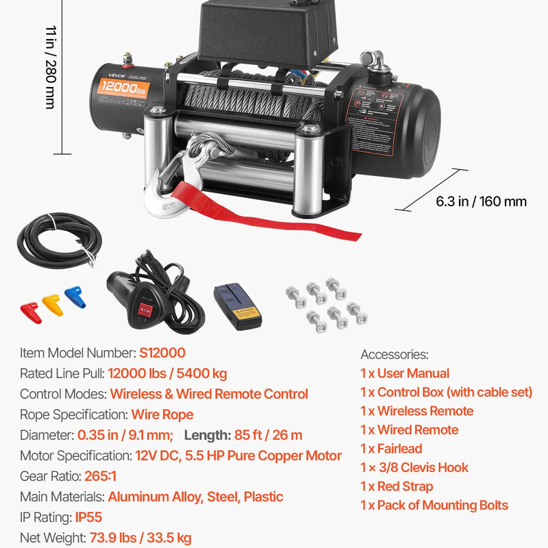VEVOR elektriskā vinča, 12 V, vilkšanas jauda 5400 kg, tērauda trose Ø9,1 mm × 26 m, bezvadu un vadu tālvadība, piemērota SUV, Jeep, piekabēm, laivām un bezceļu transportlīdzekļiem