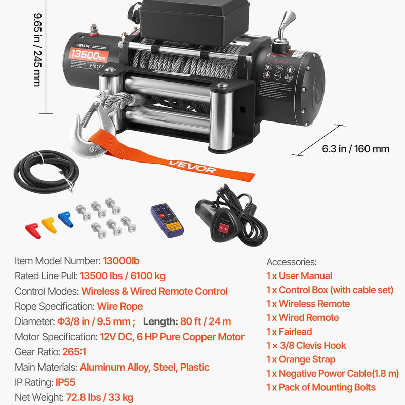 VEVOR elektriskā vinča, 6 100 kg vilkšanas jauda, 12 V līdzstrāvas kravas auto vinča ar Φ9,5 mm × 24 m tērauda trosi, bezvadu un vadu tālvadība, IP55 ūdensizturība SUV, Jeep, piekabju, laivu un bezceļu transportlīdzekļu vilkšanai