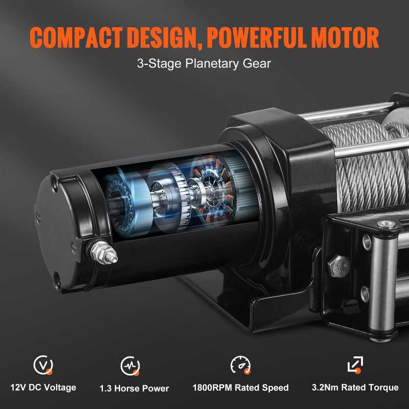 VEVOR elektriskā vinča, 12 V, 1360 kg vilkšanas jauda, ar tērauda trosi (4,8 mm × 12 m), IP55, bezvadu tālvadība, 4 virzienu troses vadotne - piemērota ATV, UTV, džipiem, SUV, piekabēm, laivām un automašīnām