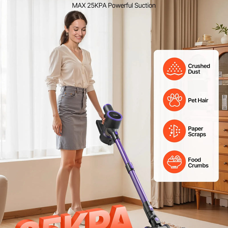 VEVOR bezvadu putekļsūcējs ar maksimālo 25 kPa sūkšanas jaudu, uzlādējamu pret sapīšanos izturīgu konstrukciju, putekļu tvertni un 35 minūšu darbības laiku, viegls rokas putekļsūcējs mājai, paklājiem, mājdzīvnieku spalvām un cietām grīdām.