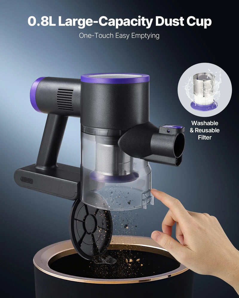 VEVOR bezvadu putekļsūcējs ar maksimālo 25 kPa sūkšanas jaudu, uzlādējamu pret sapīšanos izturīgu konstrukciju, putekļu tvertni un 35 minūšu darbības laiku, viegls rokas putekļsūcējs mājai, paklājiem, mājdzīvnieku spalvām un cietām grīdām.