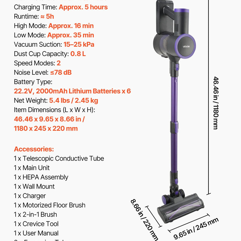 VEVOR bezvadu putekļsūcējs ar maksimālo 25 kPa sūkšanas jaudu, uzlādējamu pret sapīšanos izturīgu konstrukciju, putekļu tvertni un 35 minūšu darbības laiku, viegls rokas putekļsūcējs mājai, paklājiem, mājdzīvnieku spalvām un cietām grīdām.