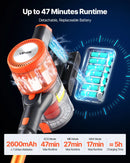 VEVOR bezvadu putekļsūcējs ar maksimālo 40 kPa sūkšanas jaudu, uzlādējamu pret sapīšanos izturīgu konstrukciju, LED displeju un 47 minūšu darbības laiku, viegls rokas putekļsūcējs mājai, paklājiem, mājdzīvnieku spalvām un cietām grīdām