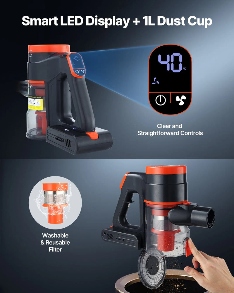 VEVOR bezvadu putekļsūcējs ar maksimālo 40 kPa sūkšanas jaudu, uzlādējamu pret sapīšanos izturīgu konstrukciju, LED displeju un 47 minūšu darbības laiku, viegls rokas putekļsūcējs mājai, paklājiem, mājdzīvnieku spalvām un cietām grīdām