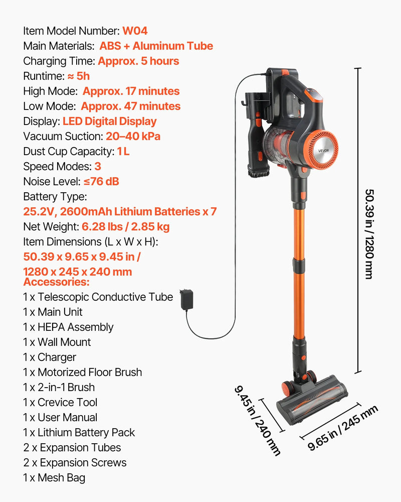 VEVOR bezvadu putekļsūcējs ar maksimālo 40 kPa sūkšanas jaudu, uzlādējamu pret sapīšanos izturīgu konstrukciju, LED displeju un 47 minūšu darbības laiku, viegls rokas putekļsūcējs mājai, paklājiem, mājdzīvnieku spalvām un cietām grīdām